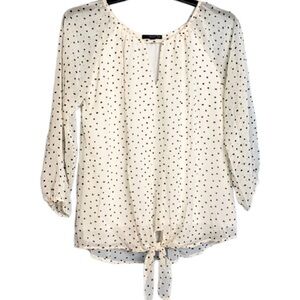 West Kei white keyhole blouse black block print semi sheer lined tie front Sz S